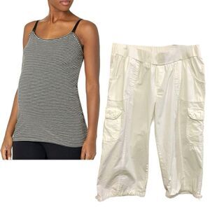 Motherhood Nursing Top Black & White Stripe & Ho Mamma Cargo Capri White L. Set.